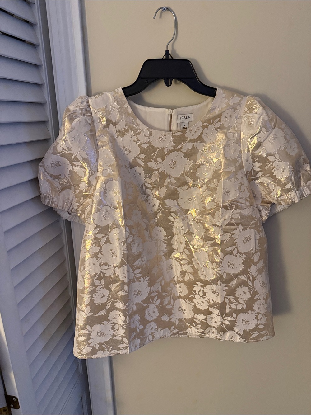 J. Crew Ivory and Gold Floral Puff Sleeve Blouse